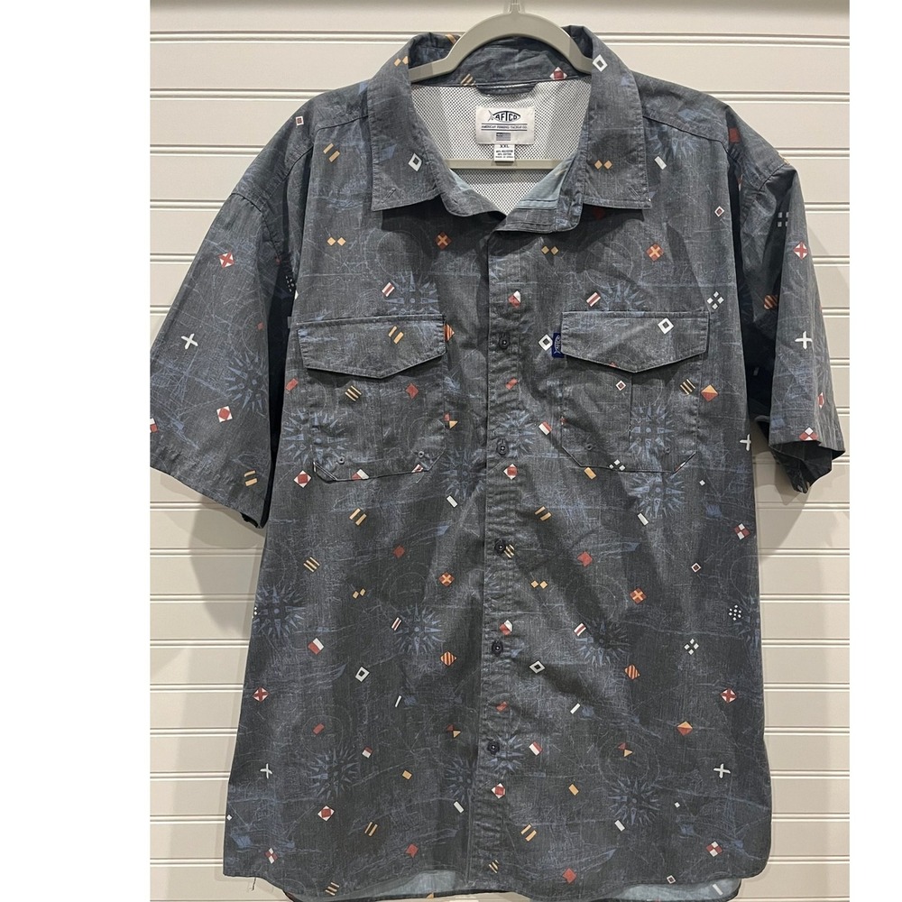 AFTCO Boatbar Tech Vented Back Fishing Shirt Gray Geometric Short Sleeve‎ XXL